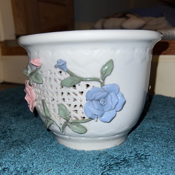 Vintage White Ceramic Large Planter Pink & Blue 3D Floral Design Orchid Planter - Picture 3 of 11
